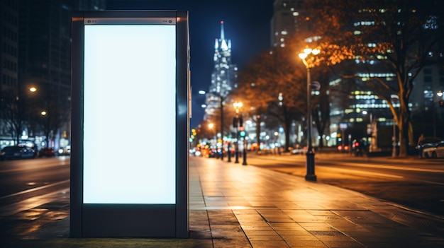 White vertical digital blank billboard poster on city street bus stop sign at rainy night blurred urban background with skyscraper people mockup for advertisement