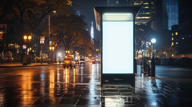 White vertical digital blank billboard poster on city street bus stop sign at rainy night blurred urban background with skyscraper people mockup for advertisement