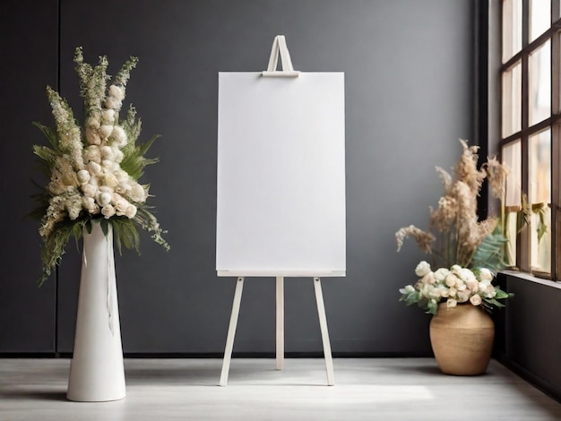 White vertical empty poster on easel on wedding ceremony