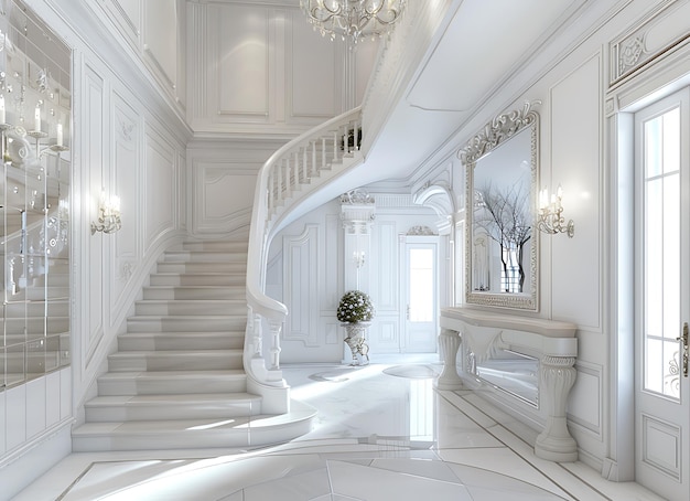 A white victorian hallway with a staircase and mirrors stock photo a beautiful interior design in th