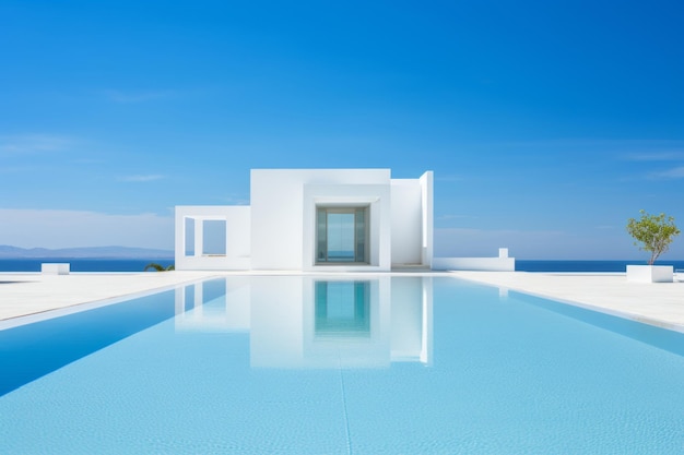 White villa with a modern minimalist exterior and swimming pool on a clear sunny day