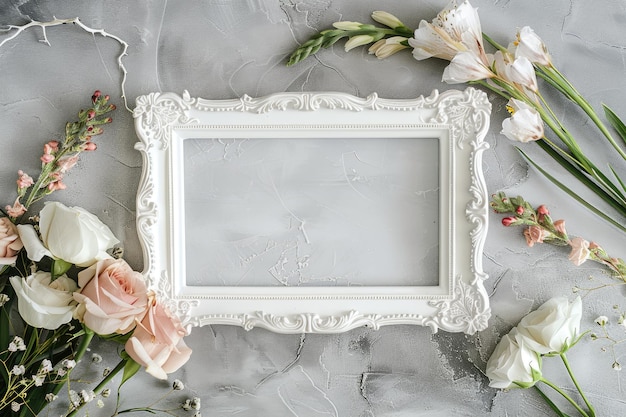 Photo white vintage photo frame and fresh flowers