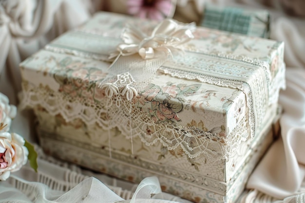 Photo a white vintageinspired gift box with intricate lace details and a ribbon bow on top a vintageinspired gift box with intricate lace detailing