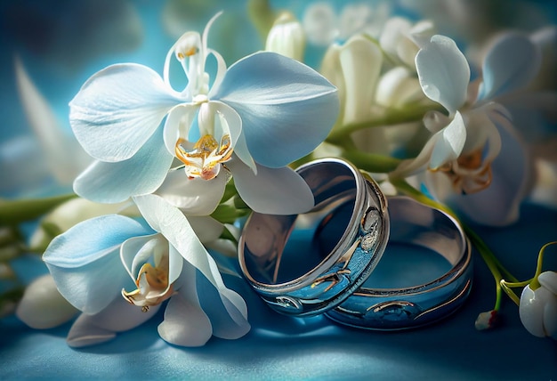 White violets and wedding rings on the table wedding paraphernalia