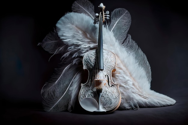 White violin with in white feathers on a glittery dark background Generative AI