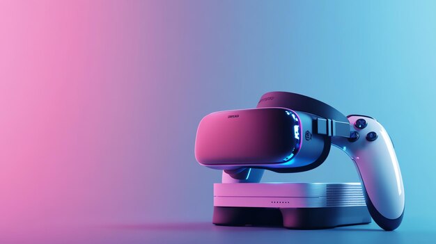 Photo white vr headset and controller on a pink and blue gradient background