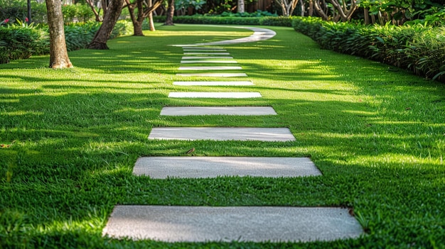 White walkway sheet in the garden green grass with cement path Contrasting with the bright green lawns and shrubs