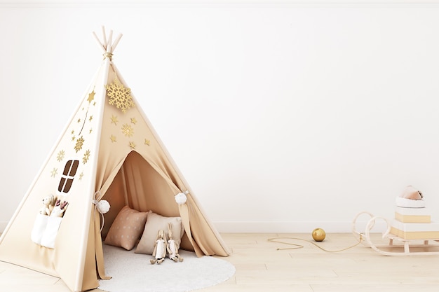 White wall background in boho style newborn room christmas mockup