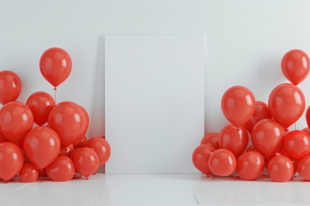 Photo white wall background with red balloons for celebrations and events