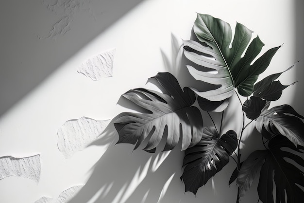 White wall background with stucco texture and big leaves Illustration AI Generative