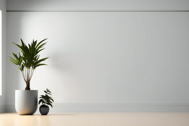 white wall empty room with plants on a floor, 3d rendering in minimalist style