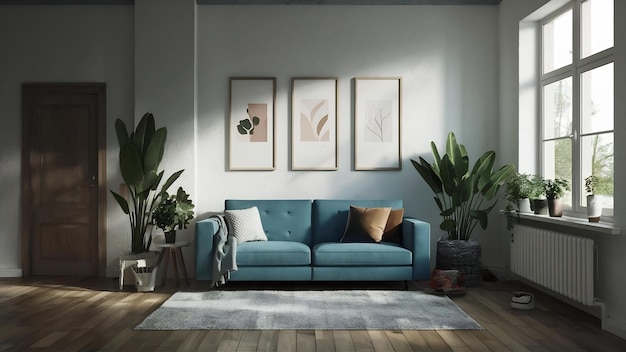 White wall empty room with plants on a floor3d rendering