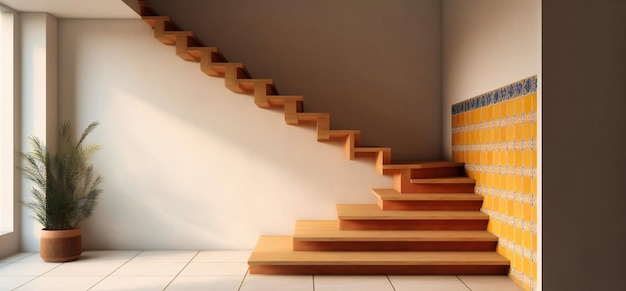 A white wall facing yellow stair steps