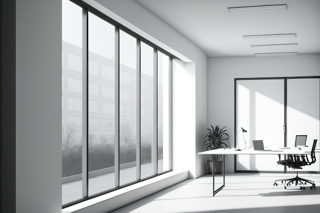 White wall in front of Panoramic window empty office fresh workplace design idea