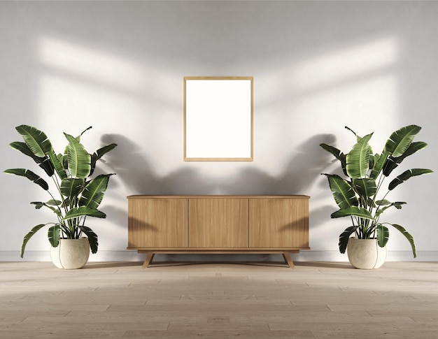 White wall mockup in modern empty room on wooden cabinet.3d rendering