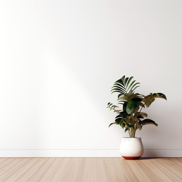 White wall mockup plant and wood floor