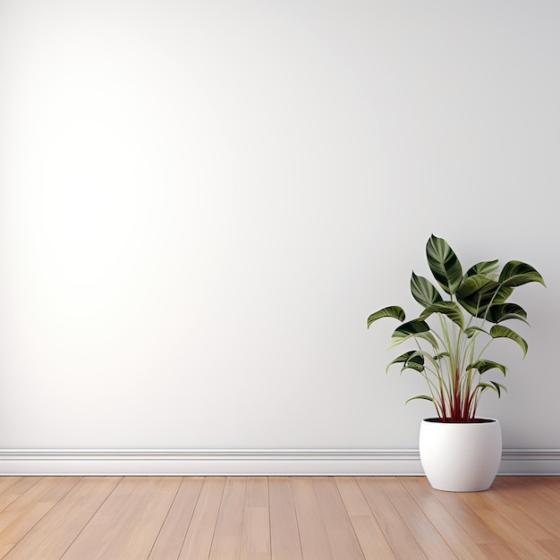 White wall mockup plant and wood floor