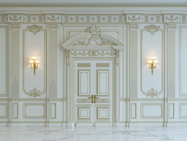 White wall panels in classical style with gilding. 3d rendering