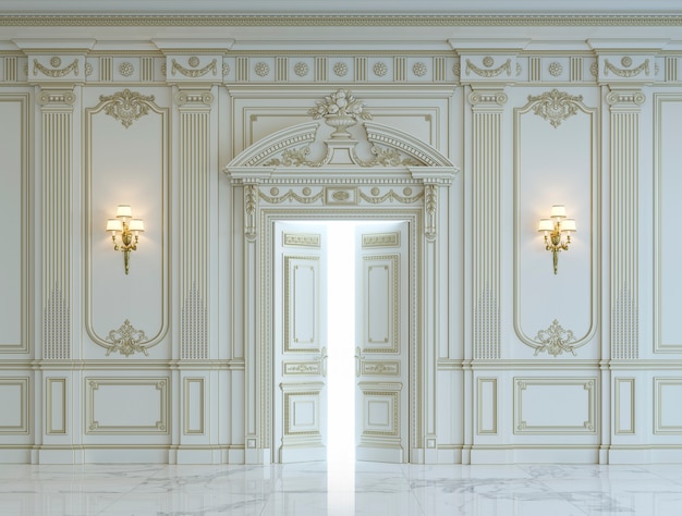 White wall panels in classical style with gilding. 3d rendering