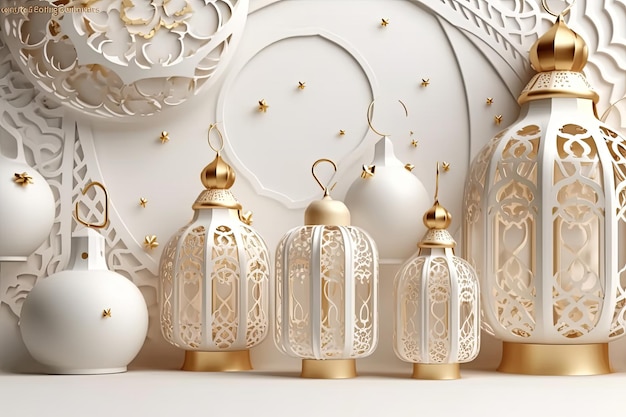 A white wall with gold ornaments and a mosque with arabic ornaments Generative AI