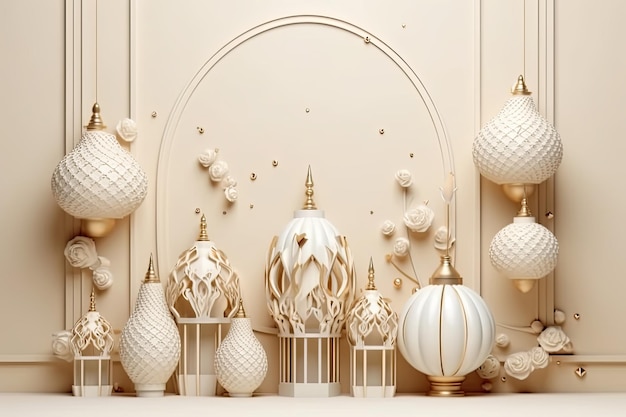 A white wall with gold ornaments and a mosque with arabic ornaments Generative AI