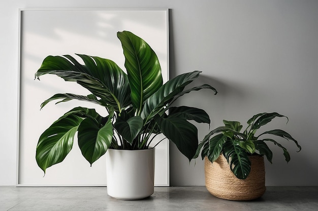 Photo white wall with a large calathea plant