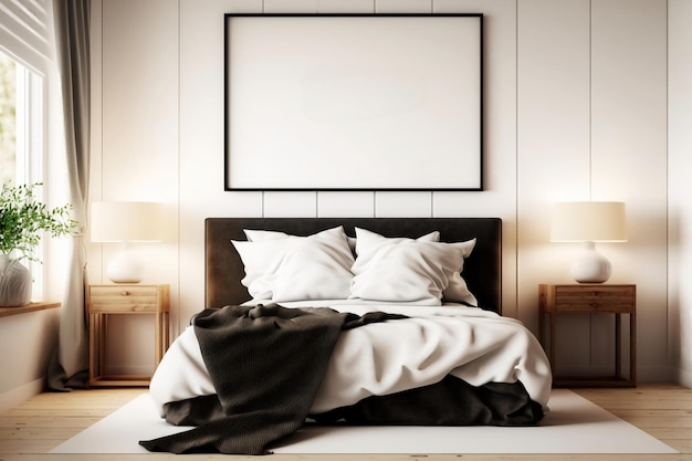 A white wall with a large picture of a bed and a white sheet on it.