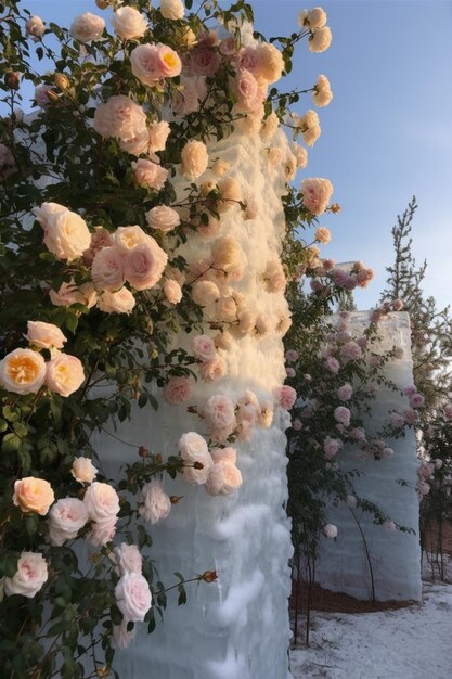 A white wall with pink roses on it