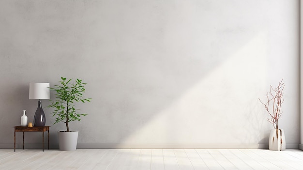 a white wall with a plant in a pot on the floor