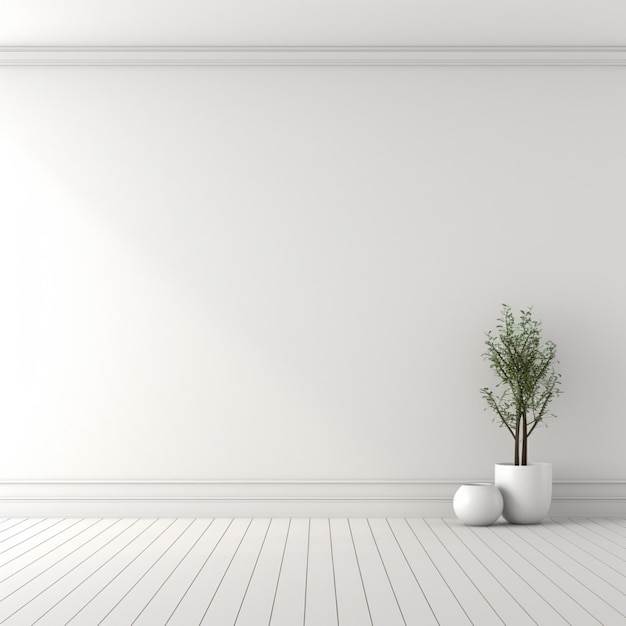 a white wall with a plant in a pot next to a pot with a plant in it