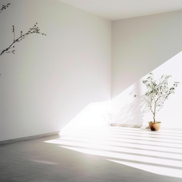 A white wall with a plant and a sunburst on it