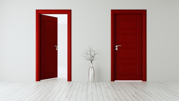 White wall with red opened door and closed door white wooden floor chrome vase and dry plant realistic 3D rendering