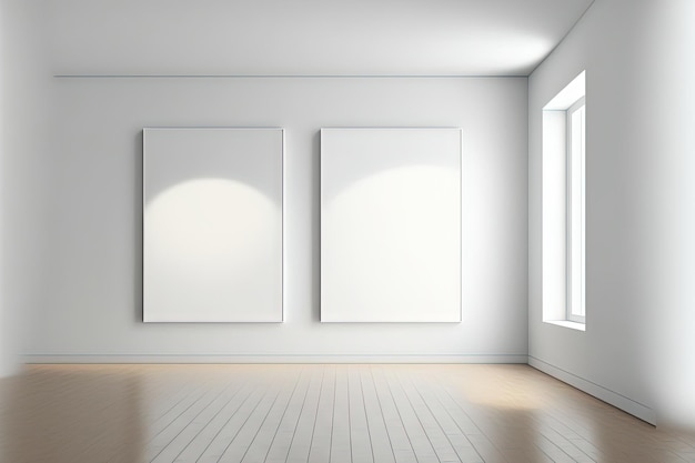 A white wall with two canvases six spotlights and a wooden