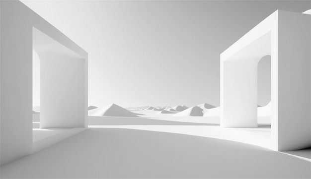 A white wall with a white door in the middle of the desert.