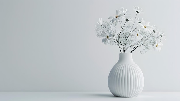 Photo white wall with white flower vase on a table in a minimalistic style with a simple background copy s