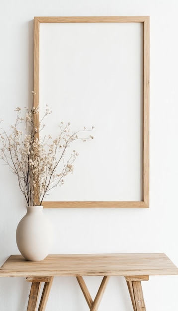 White Wall with Wooden Frame Mockup and Beige Flower Vase on Wooden Table HD Style