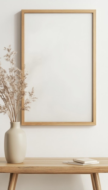 White Wall with Wooden Frame Mockup and Beige Flower Vase on Wooden Table HD Style