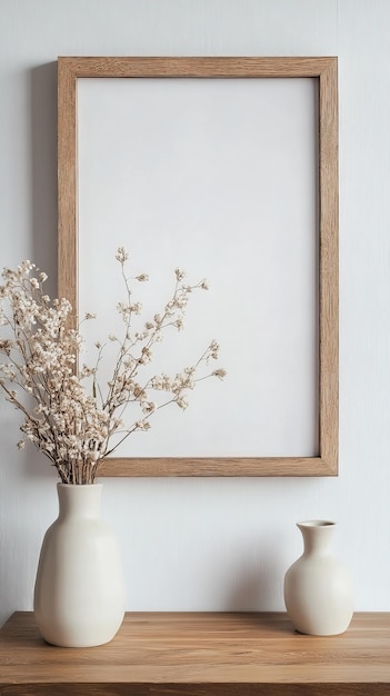 Photo white wall with wooden frame mockup and beige flower vase on wooden table hd style