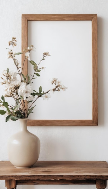 White Wall with Wooden Frame Mockup and Beige Flower Vase on Wooden Table HD Style