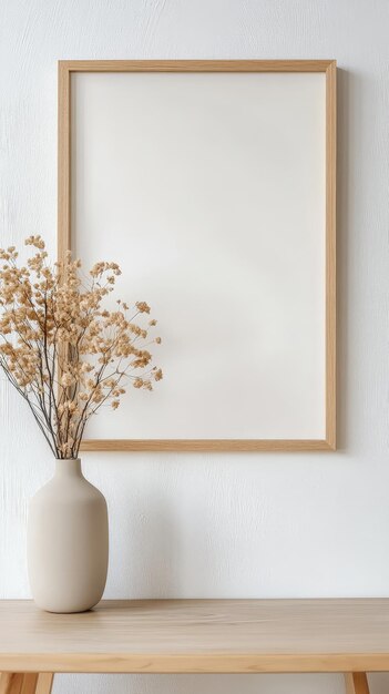 White Wall with Wooden Frame Mockup and Beige Flower Vase on Wooden Table HD Style