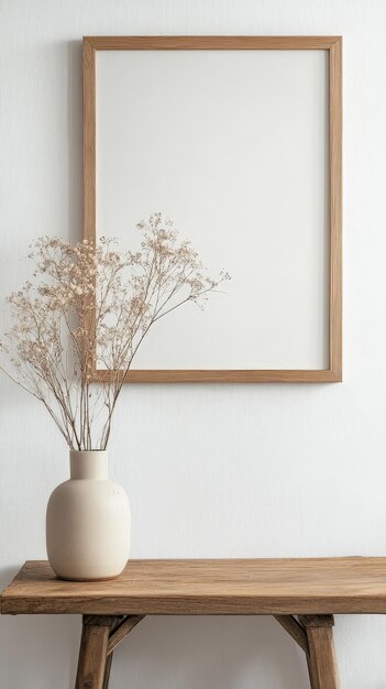 White Wall with Wooden Frame Mockup and Beige Flower Vase on Wooden Table HD Style