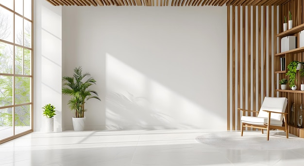 white wall with wooden slats on the right side white floor and ceiling minimalistic interior design of an empty living room