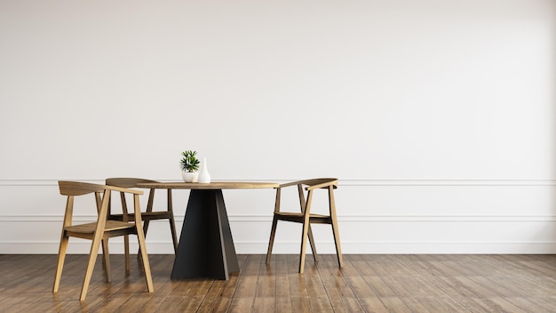 White wall and Wood modern chairs in dining room interior - 3D rendering