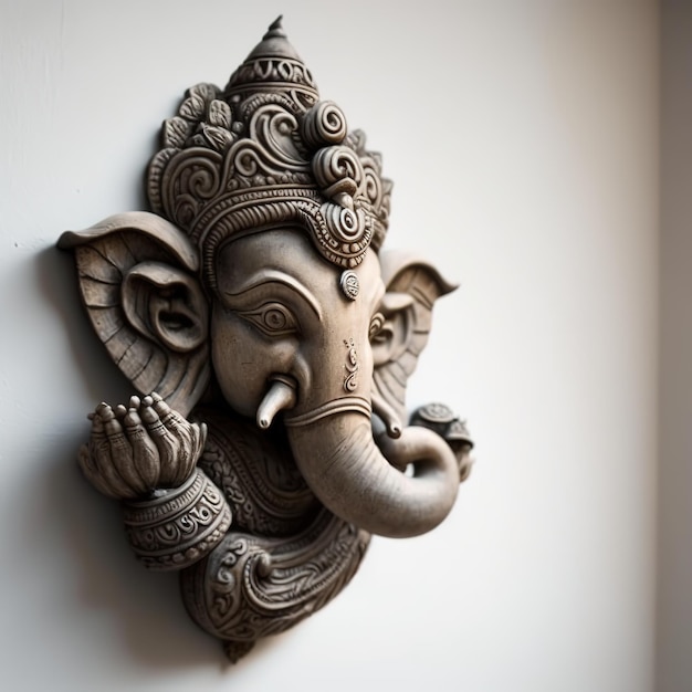 A white walled room with a statue of an Indian mythological God Lord Ganesha as Mural Ai generated