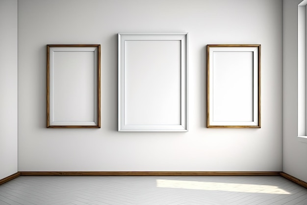 White walls have empty wooden frames woodlike frame Empty room Blank business