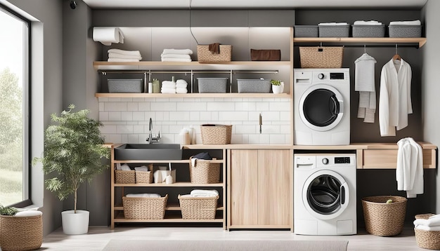 a white washer and dryer in a room with a white brick wall