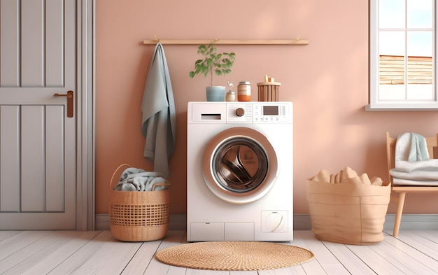 A white washing machine in a room with a basket full of towels.