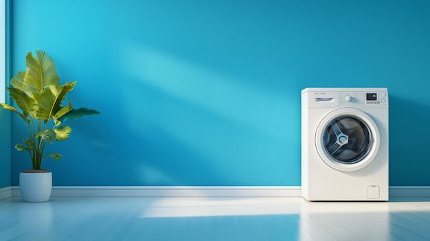 a white washing machine sits in a room with a blue wall