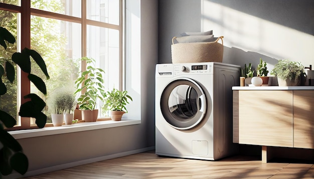 A white washing machine and a table with plants on it