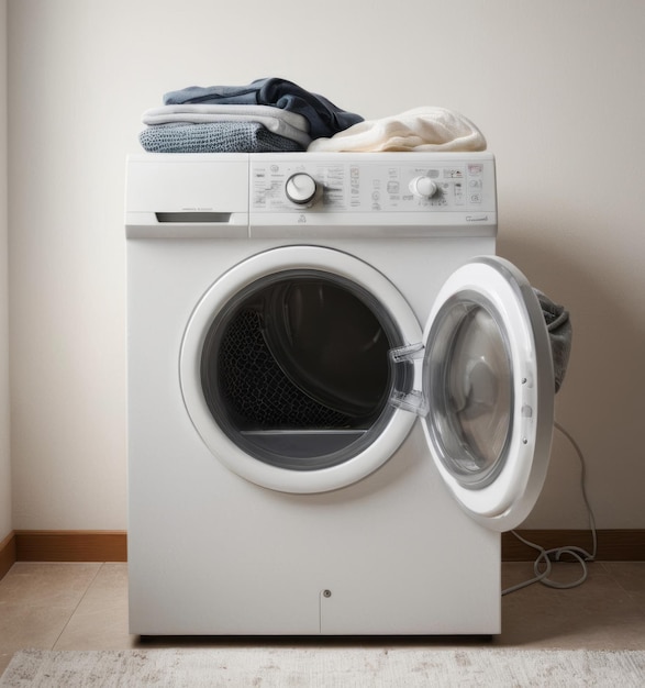 a white washing machine with clothes on top of it